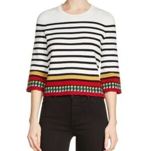 Maje White Multicolor Montani Crewneck Crochet Trim Cropped Sweater Size Small